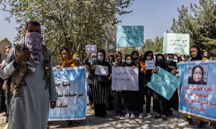 Women in Dasht-e-Barchi are protesting against the Taliban’s new all-male interim government, demanding women’s rights and education, on September 2021.