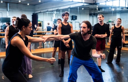 Choreographer Jonathan Watkins directs dancers in a studio at Sadler’s Wells, London.