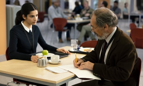 Saara (Hannah Khalique-Brown) and John (Mark Rylance) in the GCHQ canteen, in episode two of The Undeclared War. 