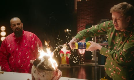 Baked beanie … Guz Khan and James Acaster test out a Home Alone stunt on a behatted turkey.