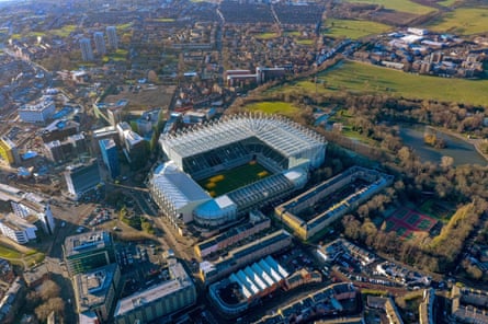 A breathtaking aerial view of St James’ Park stadium in Newcastle city centre