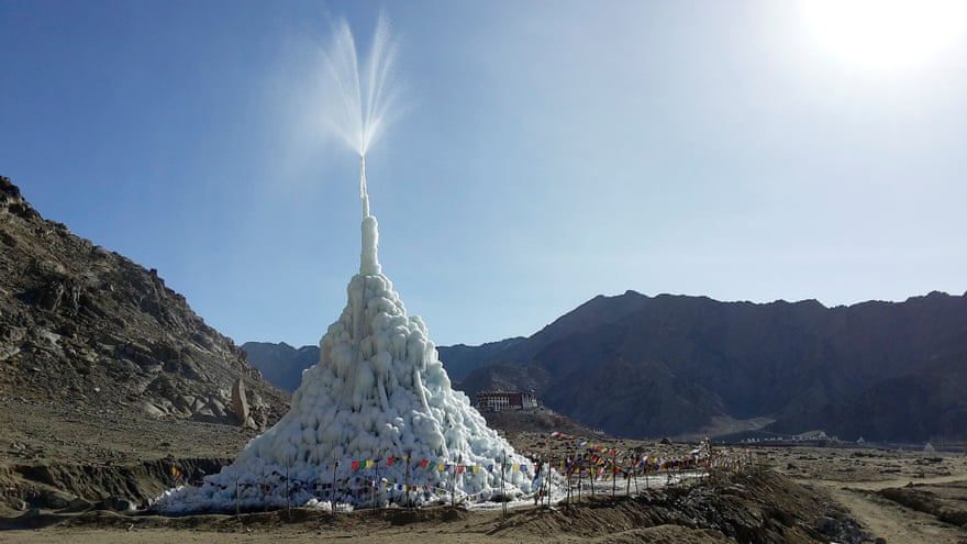 How the ice pyramids or artificial glaciers work: gravity pressure forces water up through a pipe to form ice stupas that store water for the crop growing season.