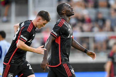 Christian Benteke #20 of D.C. United reacts after missing a goal against the Atlanta United during the first half of the game at Audi Field on July 05, 2025 in Washington, DC.