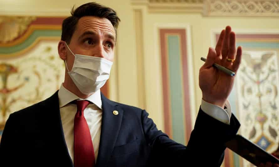 Senator Josh Hawley takes questions during a break in opening arguments in the impeachment trial of Donald Trump, 10 February 2021. 