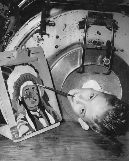 Paul Alexander, who was paralysed by polio in 1952, painting with his mouth inside an iron lung, circa 1960s