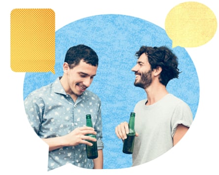 Two men chat over beers at a social event