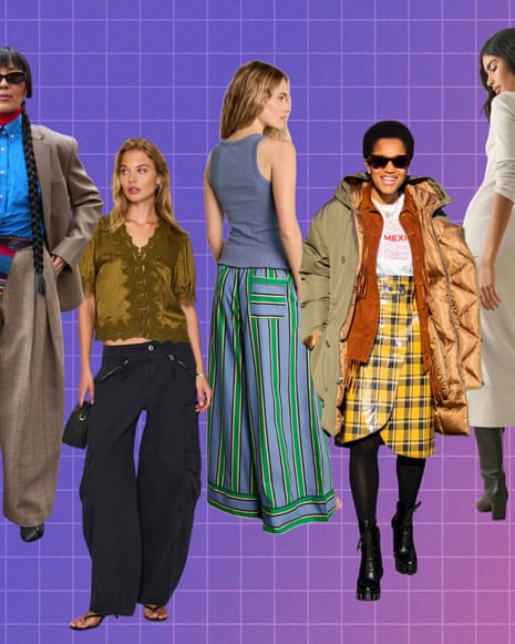 Five women model varied autumn outfits, including striped skirts, plaid, cargo trousers and a puffer coat