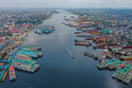 Passenger ferries docked on the Buriganga during a Covid lockdown imposed by the government.