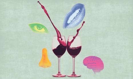 Illustration of two glasses of red wine, surrounded by an eye, a nose, a mouth and a brain