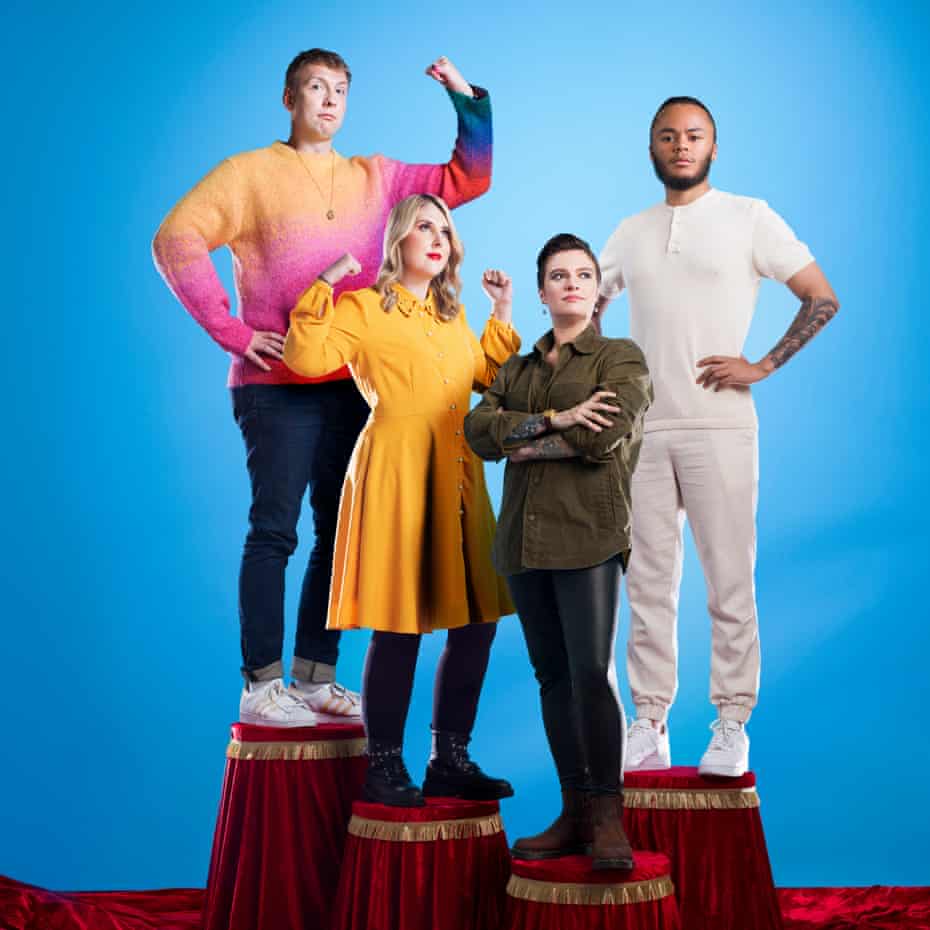 Joe Lycett, Holly Smith, Jack Monroe and Kwajo Tweneboa standing in superhero poses on podiums draped in red velvet