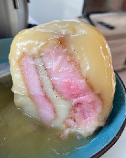 Pink and white seal blubber in a bowl