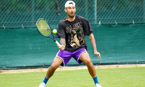 Nick Kyrgios practices ahead of the 2022 Wimbledon Championship at the All England Lawn Tennis and Croquet Club. 