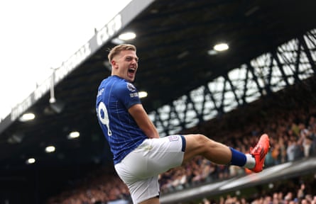 Liam Delap of Ipswich celebrates scoring his first of two goals against Aston Villa at Portman Road