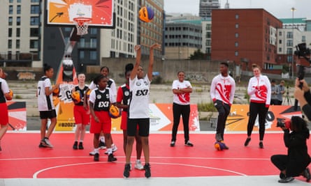 Young basketball players from Birmingham show off their skills during a demonstration at Smithfield in July 2020