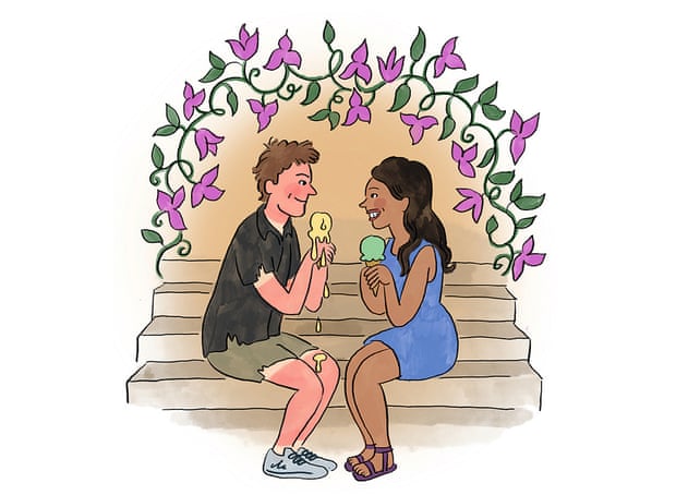 Illustration of a man and woman sitting on steps eating ice-creams, with flowers above their heads