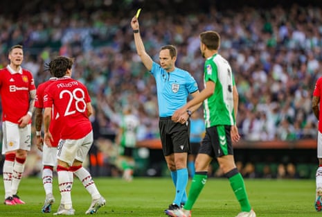 Facundo Pellistri of Manchester United gets a yellow card.
