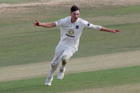 Henry Crocombe of Sussex celebrates taking his hat-trick