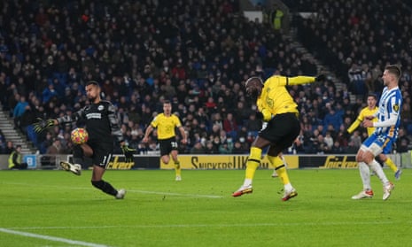 Romelu Lukaku of Chelsea has a shot at goal.
