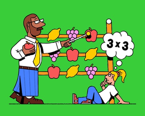 A teacher points at fruit on a board while a student sits thinking about a math problem