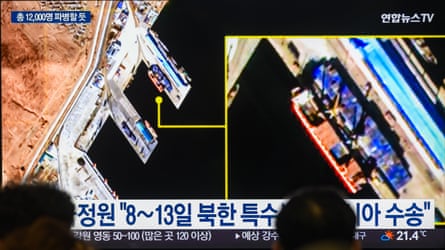 A news broadcast, with a satellite image of what South Korea’s national intelligence service said was the Russian vessel Angara, loaded with North Korean weapons, departing from Rajin Port in the North Korean city of Rason.