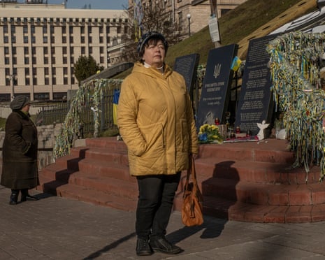Inna Plekhanova stands beside a memorial to the protesters killed in February 2014