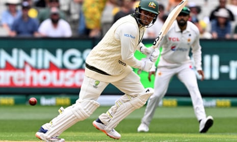 Usman Khawaja plays a shot on day one of the Boxing Day Test between Australia and Pakistan