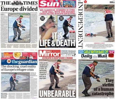 The front pages of six British national newspapers featuring the picture of Alan Kurdi.