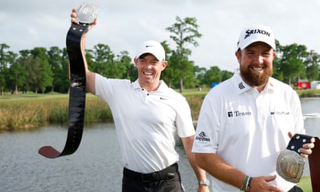 Rory McIlroy celebrates winning the Zurich Classic with Shane Lowry on Sunday. 