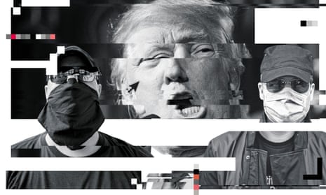 Graphic digitised treatment of images of Donald Trump and two masked crypto-anarchists