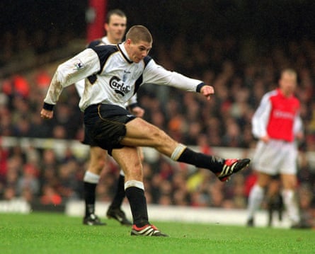 Steven Gerrard attempts a free-kick at Arsenal in 2002.