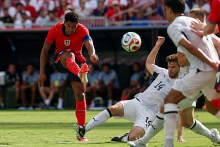 Jude Bellingham unleashes a shot during England’s win over New Zealand.