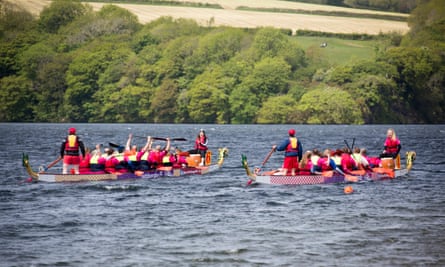 Dragon boat race on Llys-y-Fran reservoir.