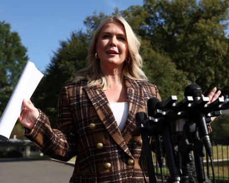 White House press secretary Karoline Leavitt speaks to reporters outside the West Wing.