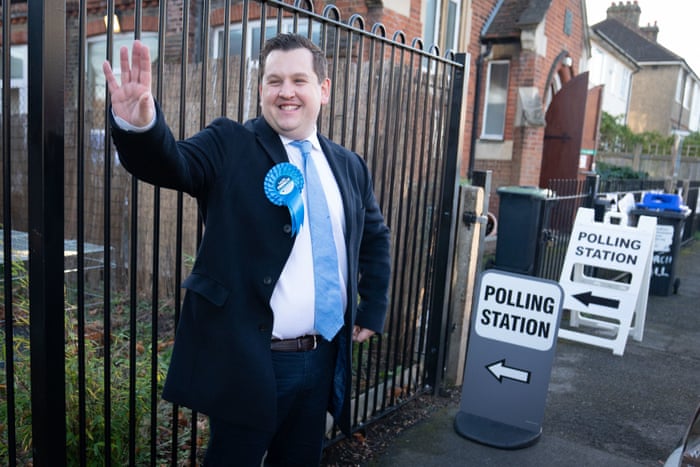 Louie French, the Conservative candidate, arriving at Christchurch Church Hall in Sidcup, Kent, to cast his vote in the Old Bexley and Sidcup byelection today.