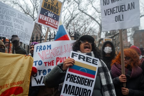 Pro-Maduro protesters shout slogans and hold signs outside of the Daniel Patrick Moynihan United States Courthouse, where Venezuelan President Nicolas Maduro is scheduled to be arraigned on drug charges in New York, New York, USA, 05 January 2026.