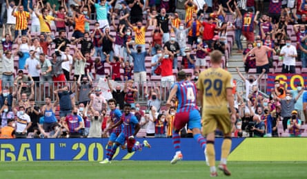 Ansu Fati celebrates after scoring the final goal in Barcelona’s 3-0 win over Levante in September 2021.