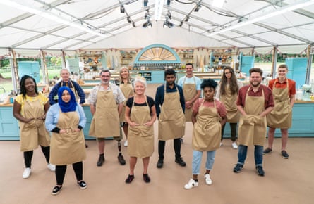 From left to right: Hermine, Sura, Rowan, Marc, Laura, Linda, Mak, Dave, Loriea, Lottie, Mark and Peter, contestants in The Great British Bake Off.