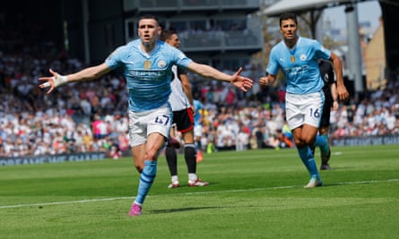 Phil Foden shows his delight after scoring the second goal