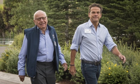 Media baron Rupert Murdoch and his son and heir Lachlan Murdoch arrive for a conference in Idaho on 13 July, 2018. 
