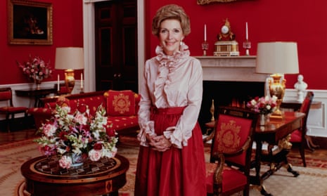 An official portrait of Nancy Reagan in the White House, March 1981.