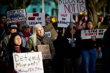 Anti-ICE activists protest near Legacy Emanuel hospital on 10 January 2026 in Portland, Oregon.