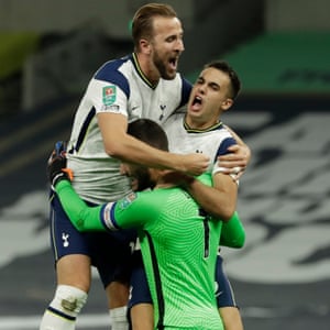 Tottenham Hotspur’s Harry Kane, Sergio Reguilon and Hugo Lloris celebrate their victory.