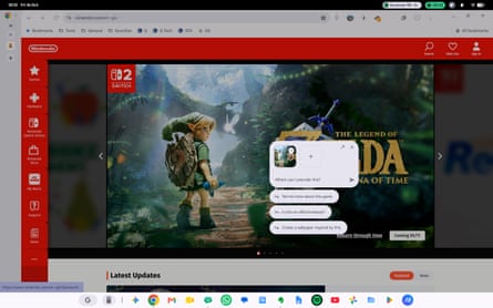 A browser shows a chat assistant popup with suggested prompts over a Zelda game webpage.