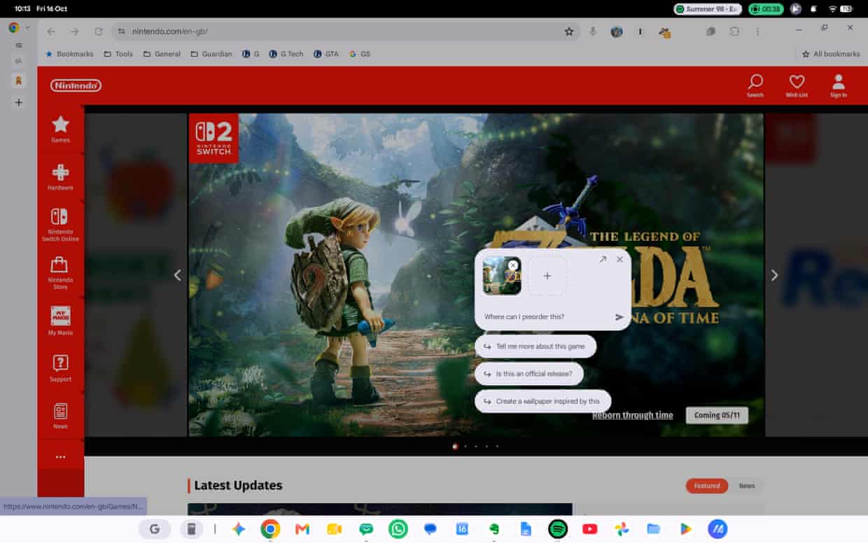 A browser shows a chat assistant popup with suggested prompts over a Zelda game webpage.