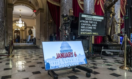 Television cameras and video monitors fill Statuary Hall in preparation on 5 January 2022 for news coverage, on Capitol Hill in Washington, on the anniversary of the insurrection.