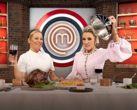 Anna Haugh holding a glass of wine and Grace Dent lifting up a cloche in the MasterChef studio