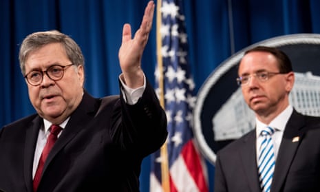 US-POLITICS-INVESTIGATION-MUELLER-JUSTICE-REPORT<br>US Deputy Attorney General Rod Rosenstein (R) listens while Attorney General William Barr speaks during a press conference about the release of the Mueller Report at the Department of Justice April 18, 2019, in Washington, DC. - US Attorney General Bill Barr said Thursday that the White House fully cooperated with Special Counsel Robert Mueller’s probe of Russian election meddling and that President Donald Trump took no action to thwart the probe. “There is substantial evidence to show that the president was frustrated and angered by a sincere belief that the investigation was undermining his presidency, propelled by his political opponents, and fueled by illegal leaks,” Barr said ahead of the release of the Mueller report. (Photo by Brendan Smialowski / AFP)BRENDAN SMIALOWSKI/AFP/Getty Images