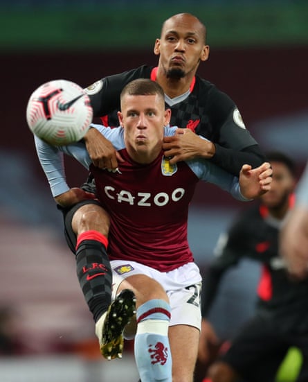 Ross Barkley shields the ball from Liverpool’s Fabinho during the shock 7-2 victory.