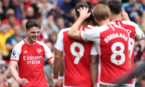Declan Rice celebrates after scoring Arsenal’s third goal in stoppage time.