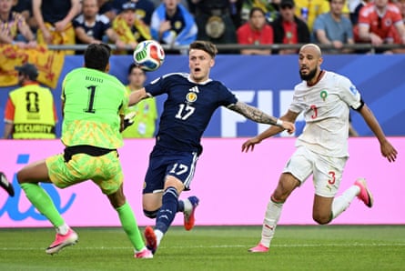 Ben Gannon-Doak (centre) moves in on goal for Scotland against Morocco.